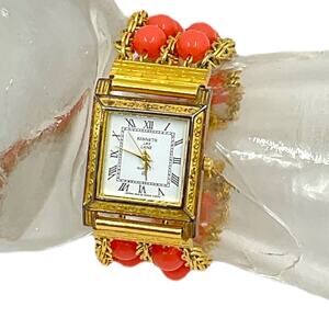 VTG Kenneth‎ J Lane Gold Tone Watch Removable Faux Coral Beads New Battery Works